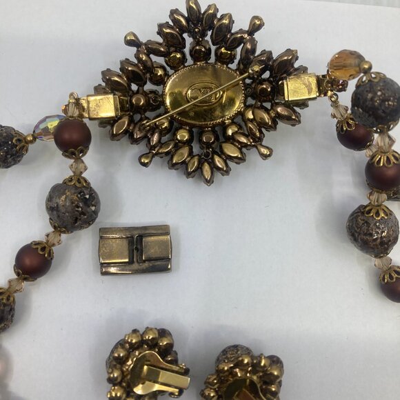 Vtg RARE LeC BOUCHER lava beads crystal earrings brooch necklace set - Picture 2 of 4